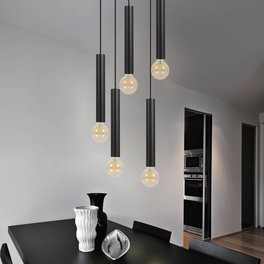 Freyza – 5-Light Matt Black Pendant Ceiling Light | 150 cm Adjustable Hanging Fixture with 5×E27 Bulb Fittings
