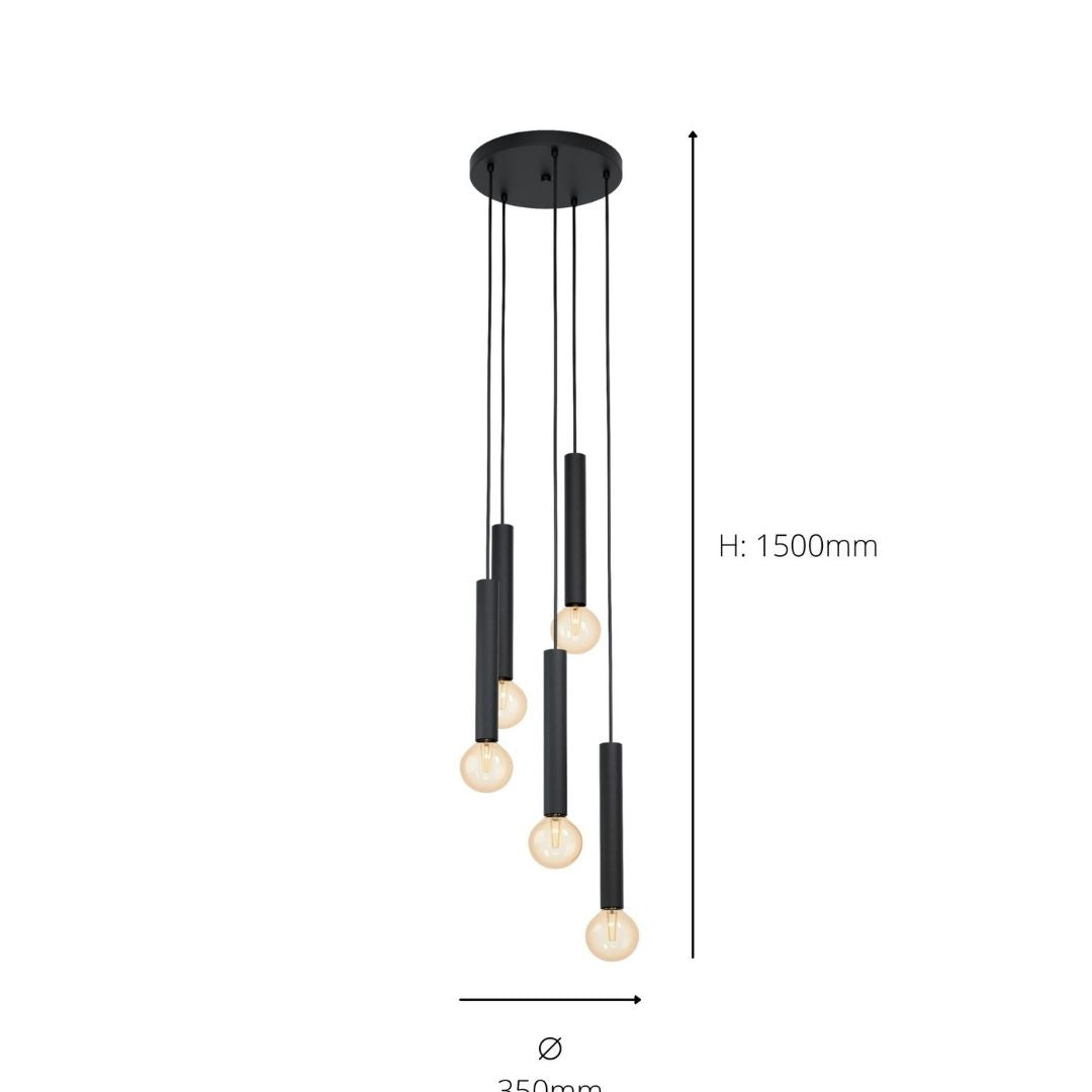 Freyza – 5-Light Matt Black Pendant Ceiling Light | 150 cm Adjustable Hanging Fixture with 5×E27 Bulb Fittings