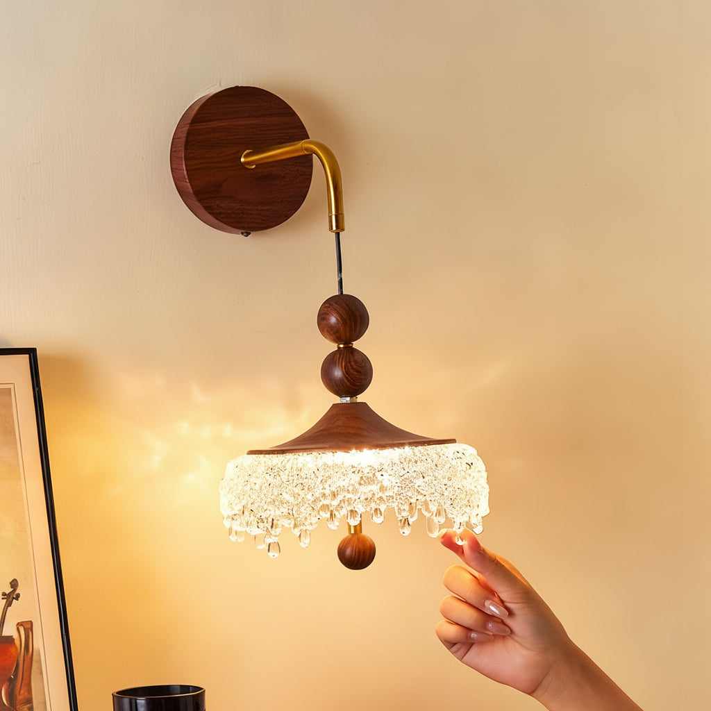 Freyza - LED Wall Sconce Light – Vintage Retro Walnut Glass Water Drop (25x20cm / 9.8x7.9in)
