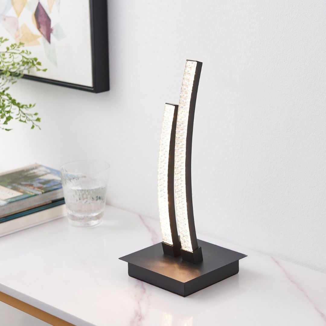 Freyza – Black LED Table Lamp | Integrated Warm White LED Fixture with Curved LED Profiles and In-Line Switch