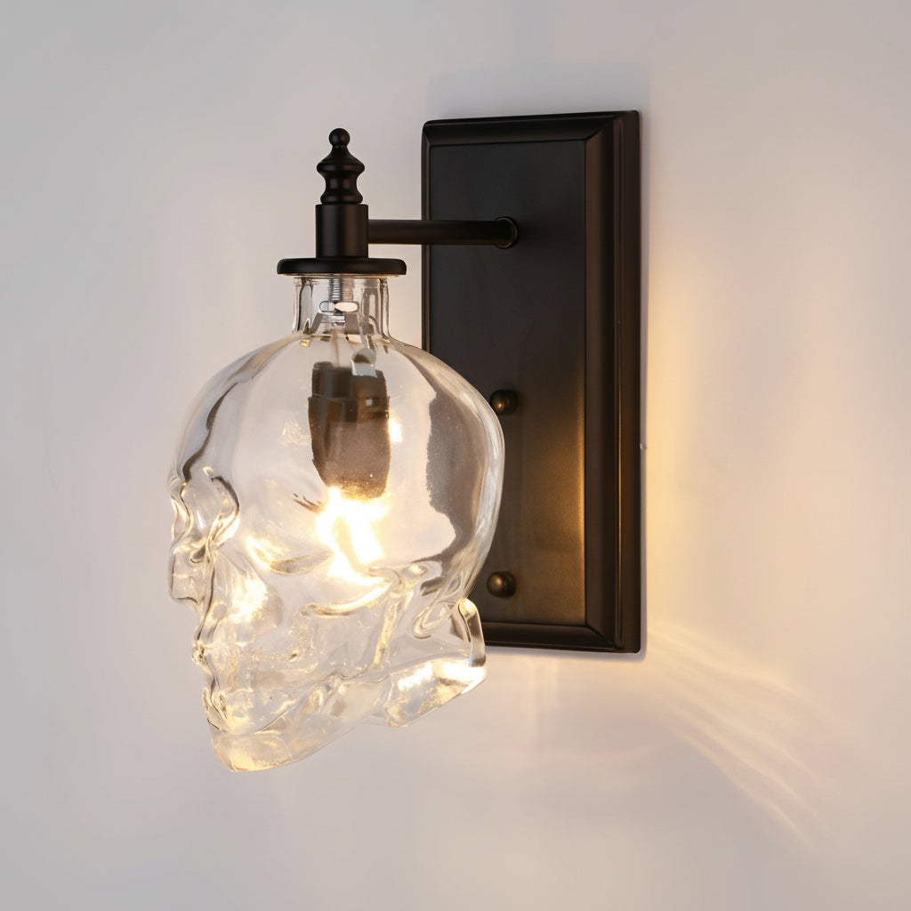 Freyza - Gothic Glass Skull Wall Sconce – Industrial Retro Iron Wall Lamp & Art Decor (E14)
