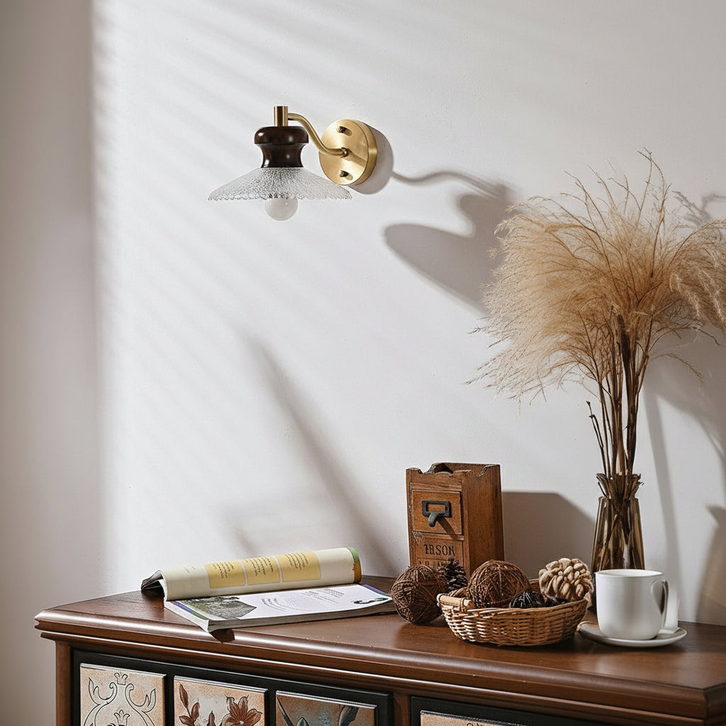 Freyza - LED Wall Sconce Light – Retro South Seas Brass Wood Glass (24x24cm / 9.45x9.45in)