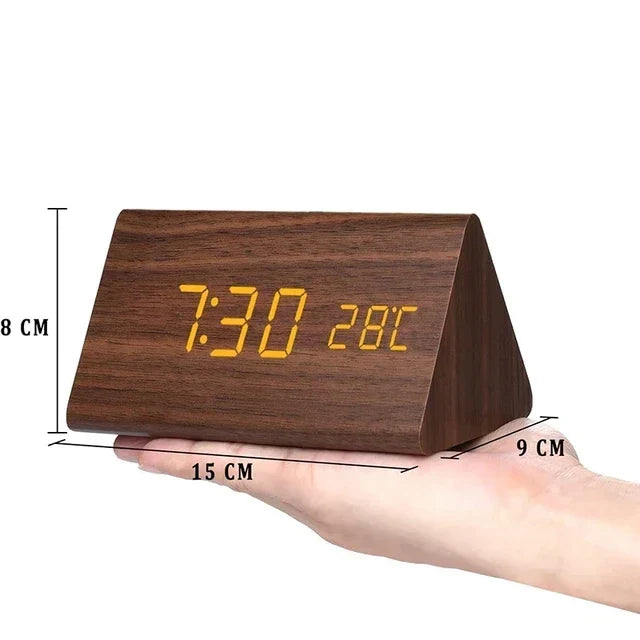 Réveil LED, commande vocale | Horloge numérique avec finition effet bois et température