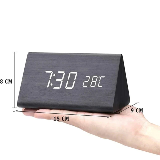 Réveil LED, commande vocale | Horloge numérique avec finition effet bois et température