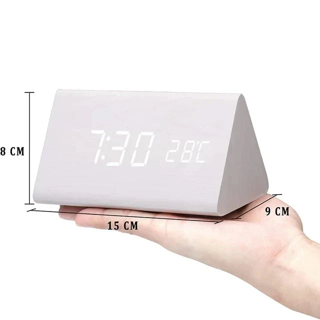 Réveil LED, commande vocale | Horloge numérique avec finition effet bois et température