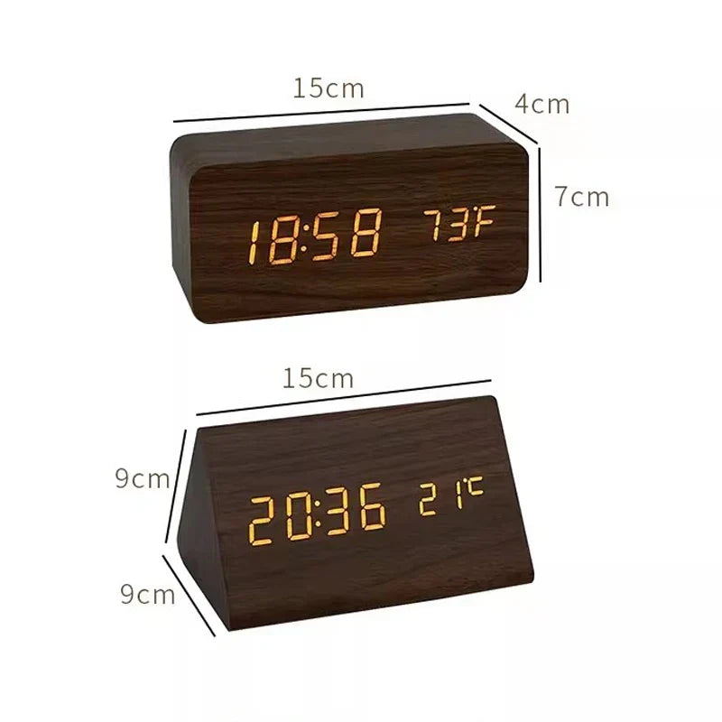 Réveil LED, commande vocale | Horloge numérique avec finition effet bois et température