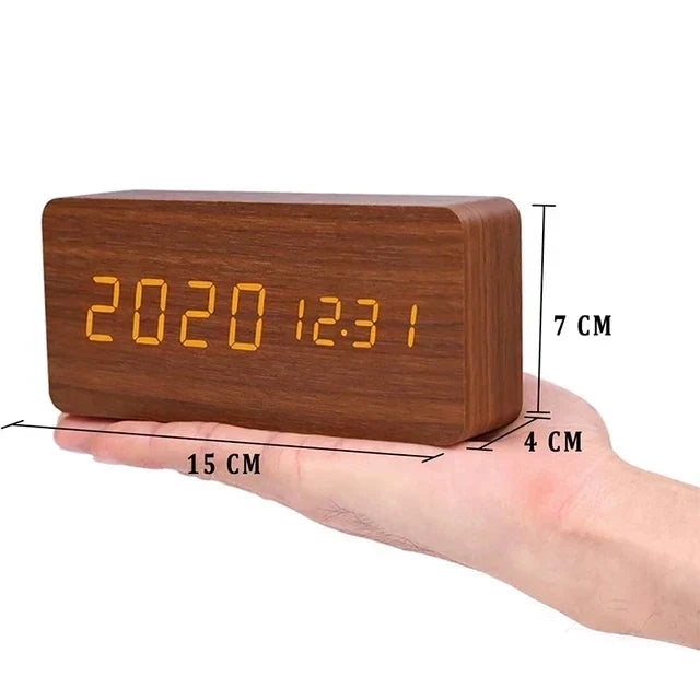 Réveil LED, commande vocale | Horloge numérique avec finition effet bois et température