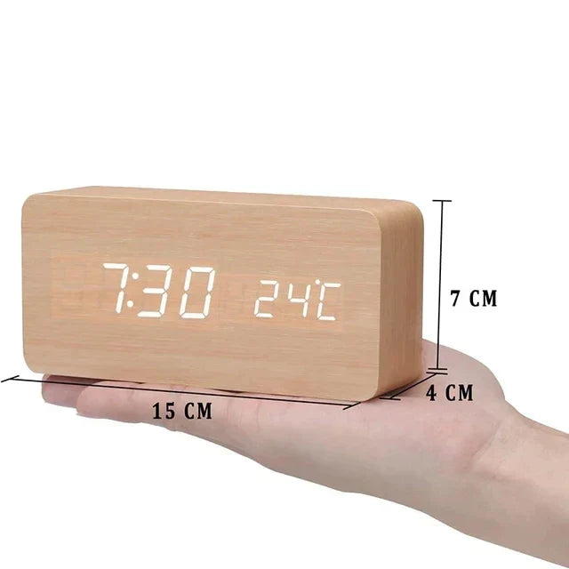 Réveil LED, commande vocale | Horloge numérique avec finition effet bois et température