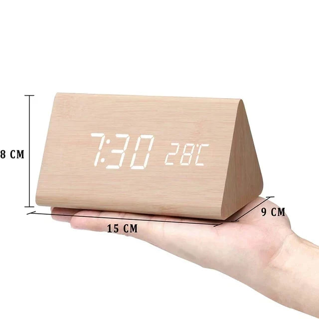 Réveil LED, commande vocale | Horloge numérique avec finition effet bois et température