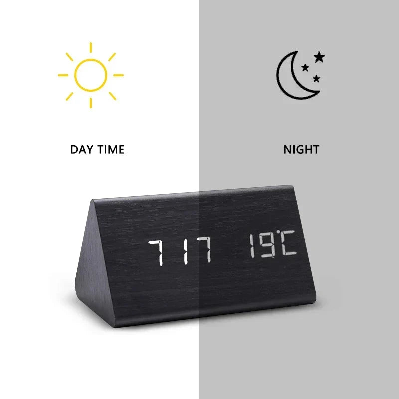 Réveil LED, commande vocale | Horloge numérique avec finition effet bois et température