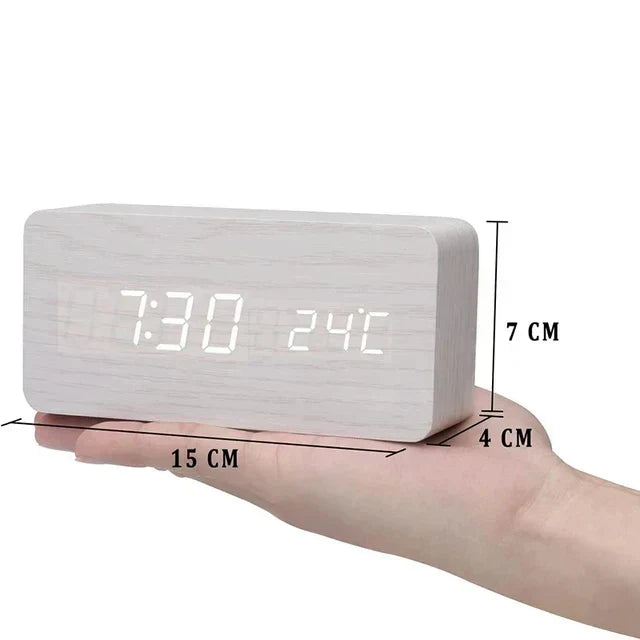 Réveil LED, commande vocale | Horloge numérique avec finition effet bois et température