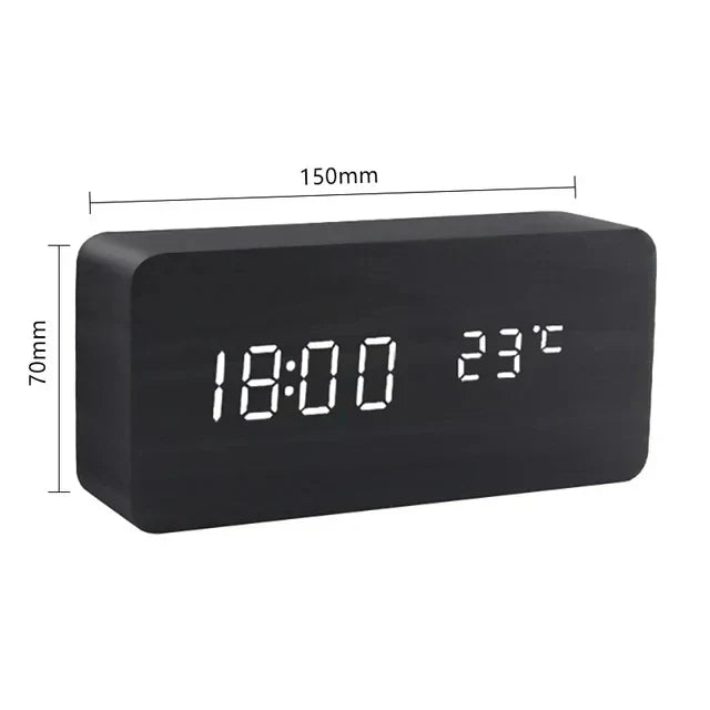 Réveil LED, commande vocale | Horloge numérique avec finition effet bois et température