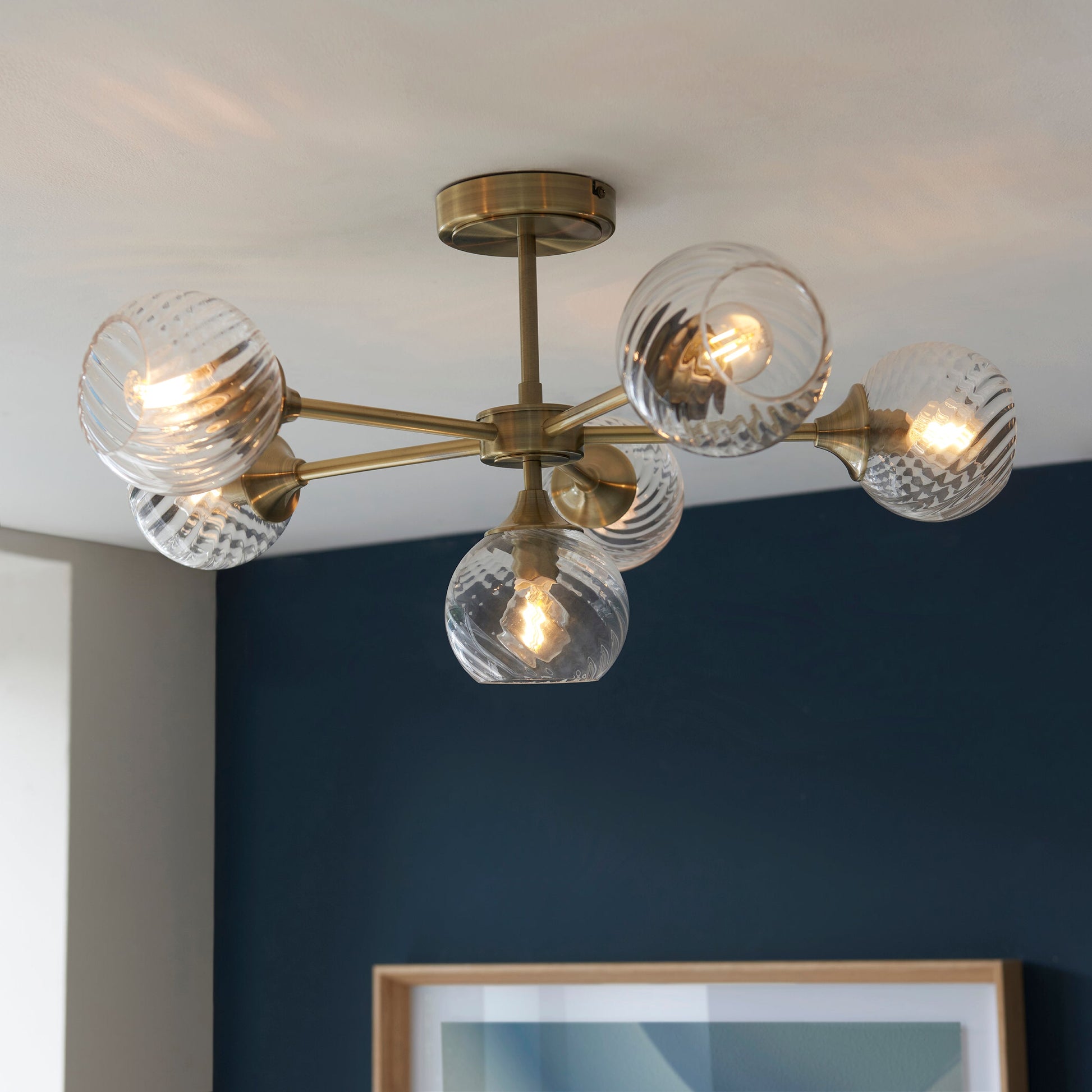 Allegra | 6-Light Semi Flush Ceiling Light with Twisted Glass Shades | Antique Brass Finish for Elegant Illumination 0