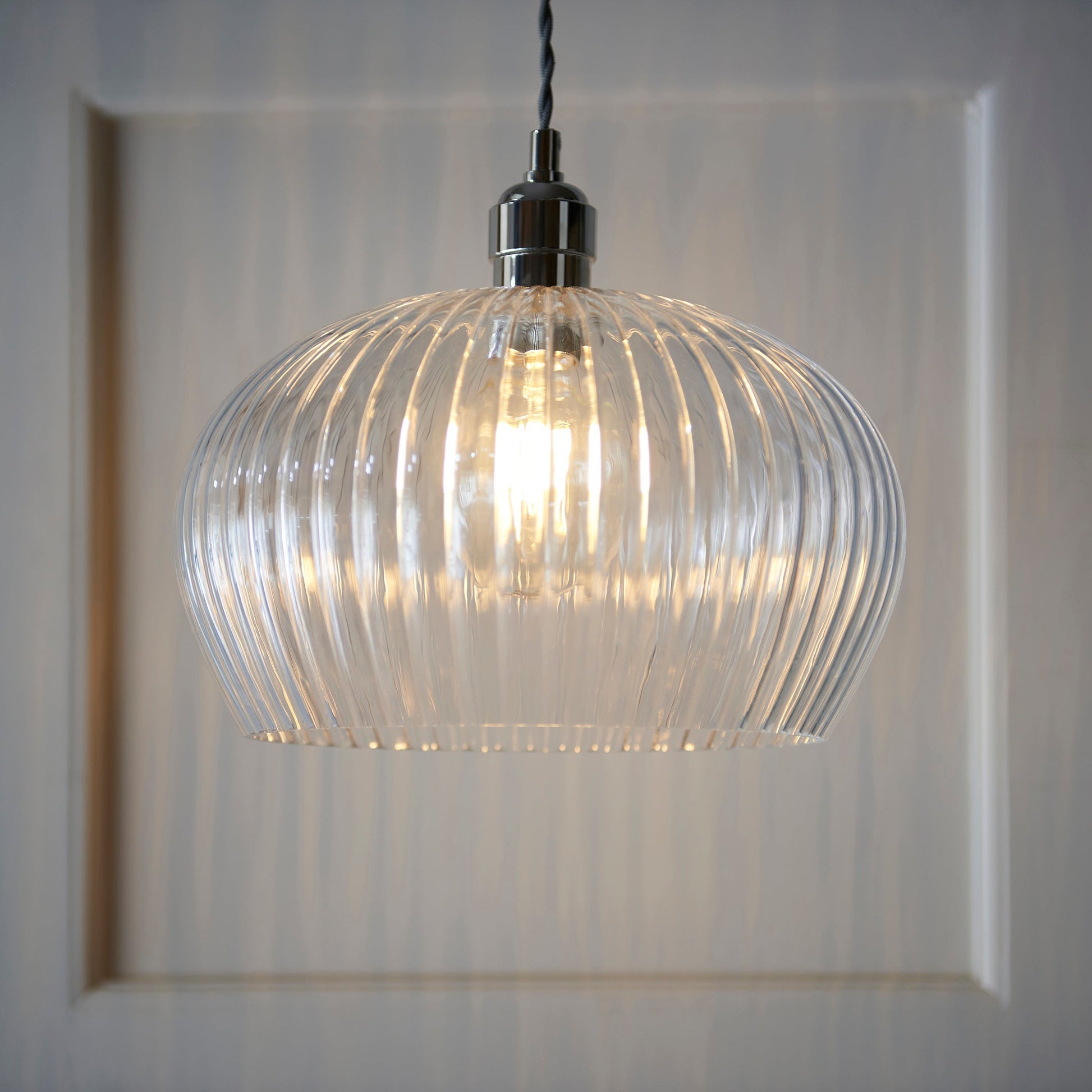 Amos Collection | Glass Pendant Light with Ribbed Design & Nickel Finish | Modern Kitchen Island Lighting for Warm Illumination 0