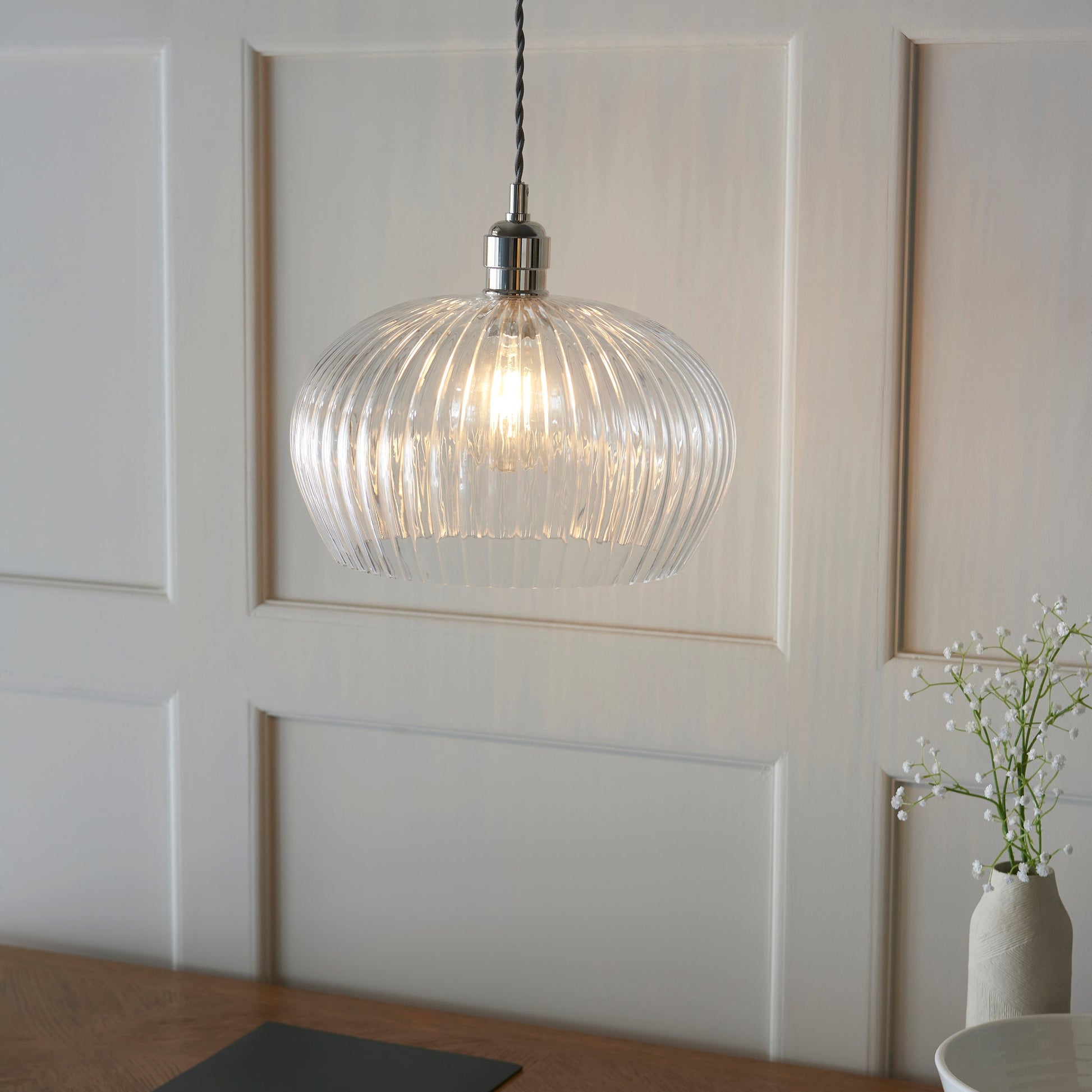 Amos Collection | Glass Pendant Light with Ribbed Design & Nickel Finish | Modern Kitchen Island Lighting for Warm Illumination 3