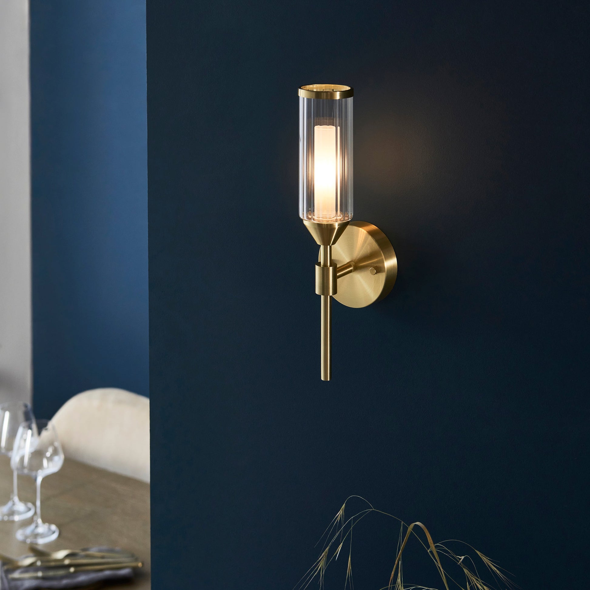 Amos Collection | Wall Light with Satin Brass Finish & Gloss White Glass | Elegant Bathroom Wall Light for Soft Illumination 2