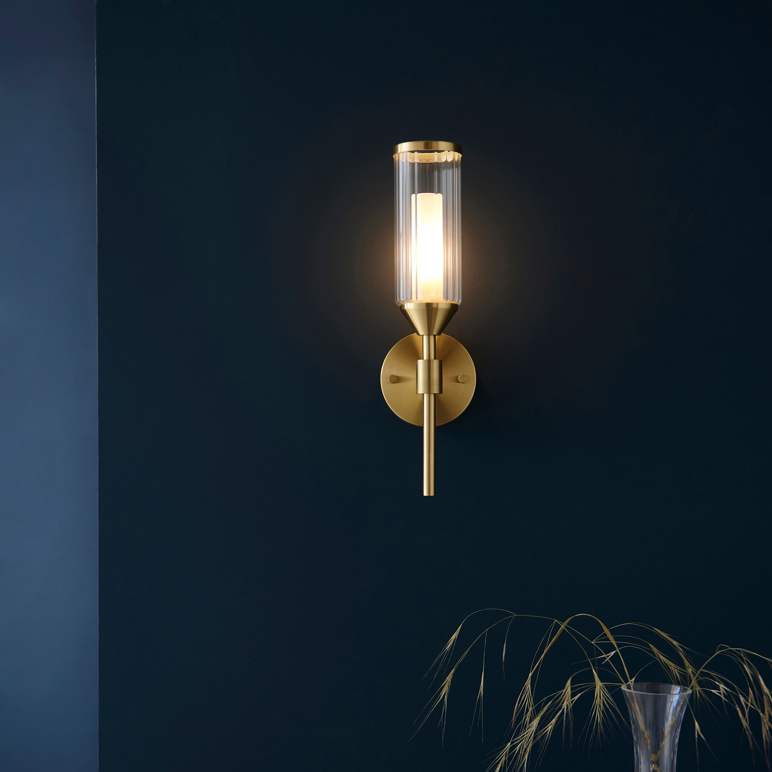 Amos Collection | Wall Light with Satin Brass Finish & Gloss White Glass | Elegant Bathroom Wall Light for Soft Illumination 3