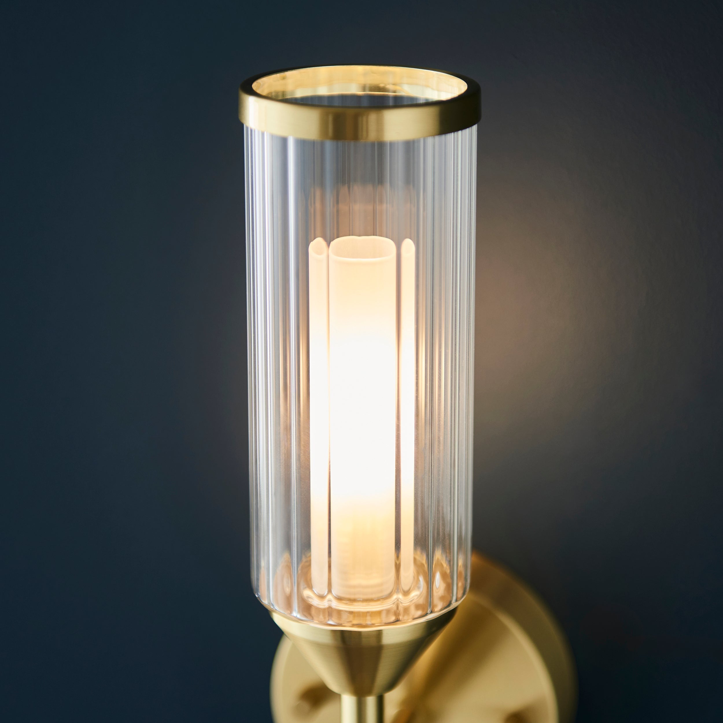 Amos Collection | Wall Light with Satin Brass Finish & Gloss White Glass | Elegant Bathroom Wall Light for Soft Illumination 4