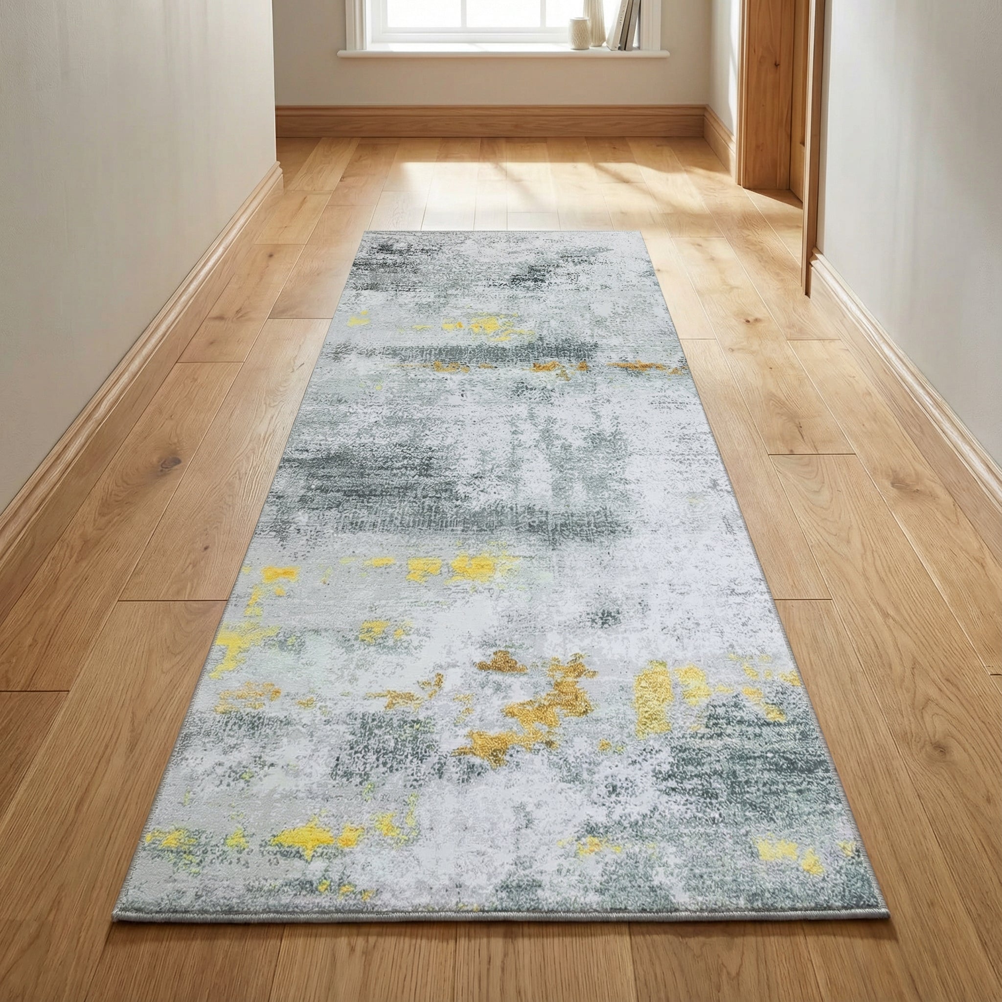 Freyza - Modern Abstract Area Rug – Soft Flannel Grey & Gold Carpet (Non-Slip & Washable)