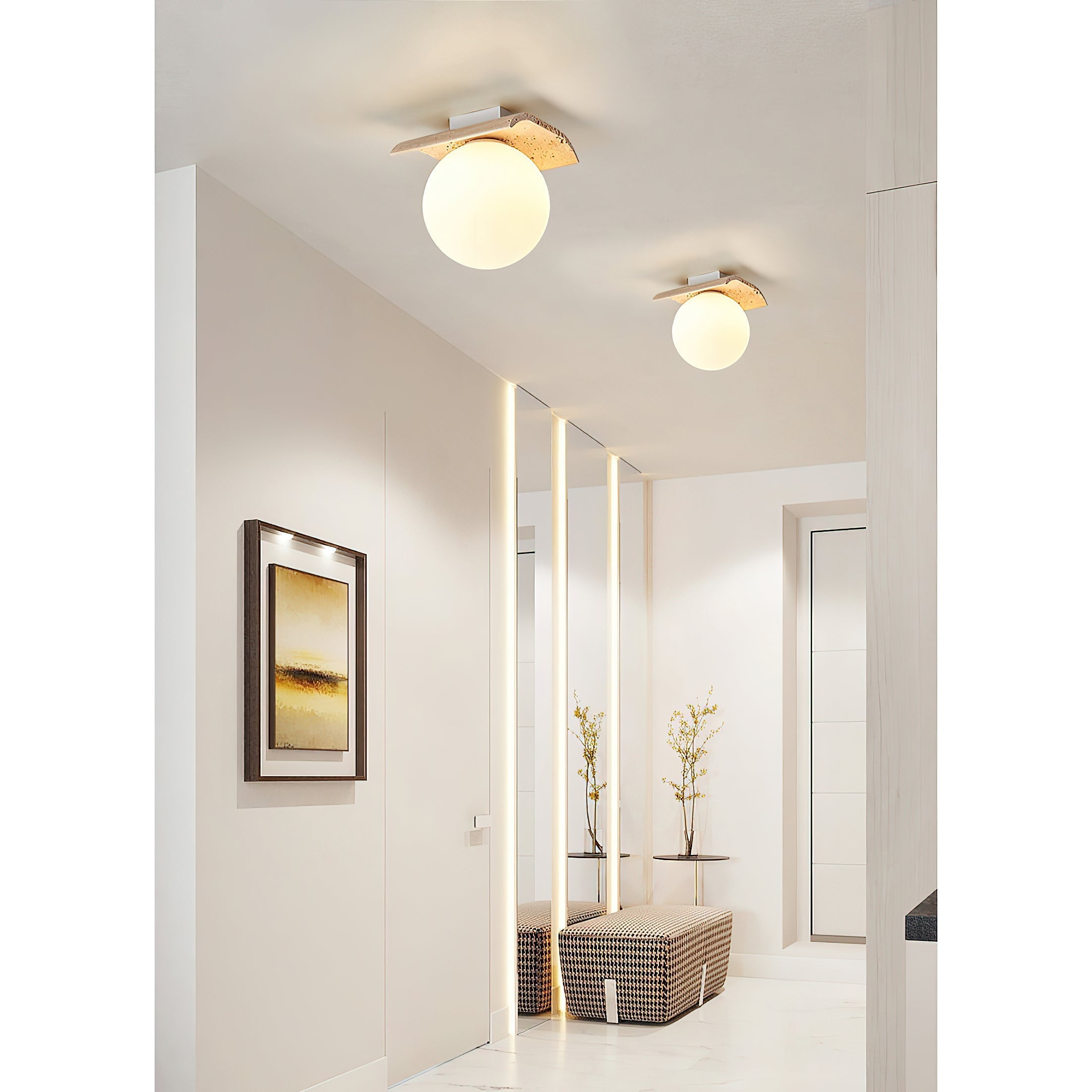 Freyza | Suspension plafond en verre Globe Bianca en travertin – Chambre et salon