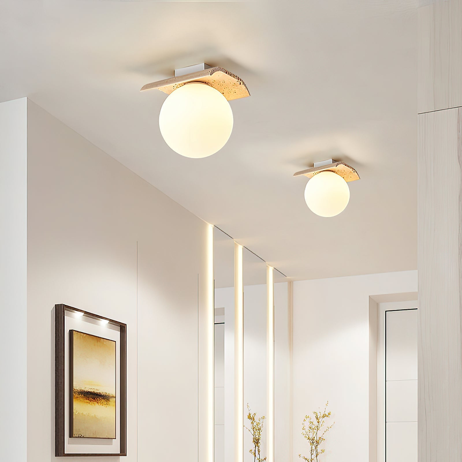 Freyza | Suspension plafond en verre Globe Bianca en travertin – Chambre et salon