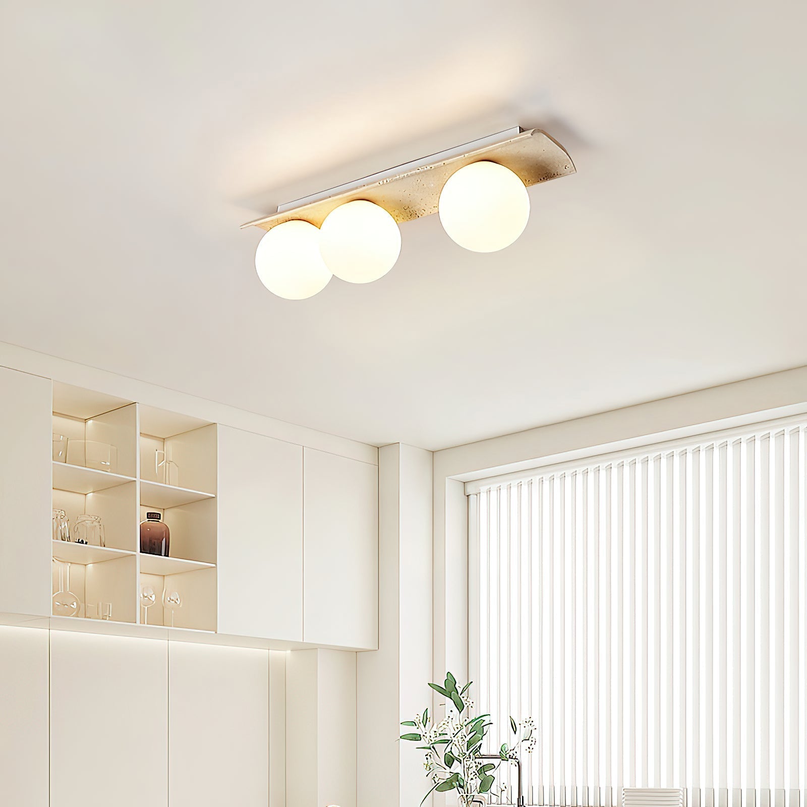 Freyza | Suspension plafond en verre Globe Bianca en travertin – Chambre et salon