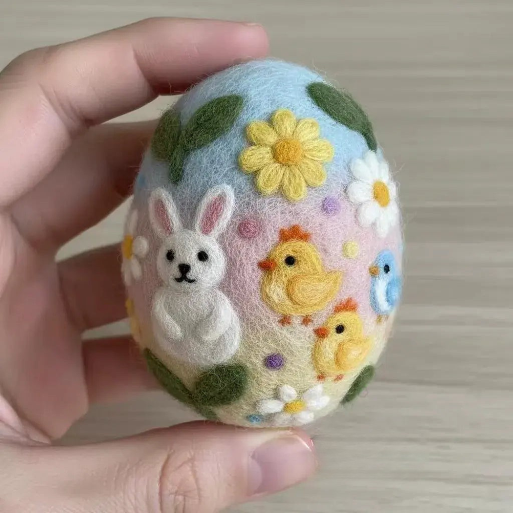 Freyza - Spring Garden Egg | Handcrafted Needle Felted Wall Art with Bunny & Floral Design | Unique Home Decor for Seasonal Cheer