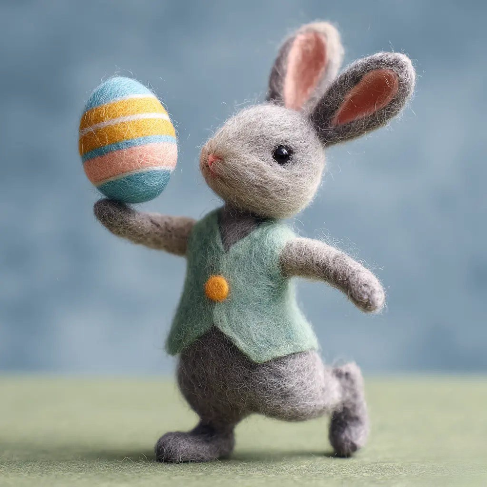 Freyza - Handcrafted Easter Decor | Felt Bunny Figurine with Green Vest | Unique Spring Table Centerpiece for Holiday Celebrations