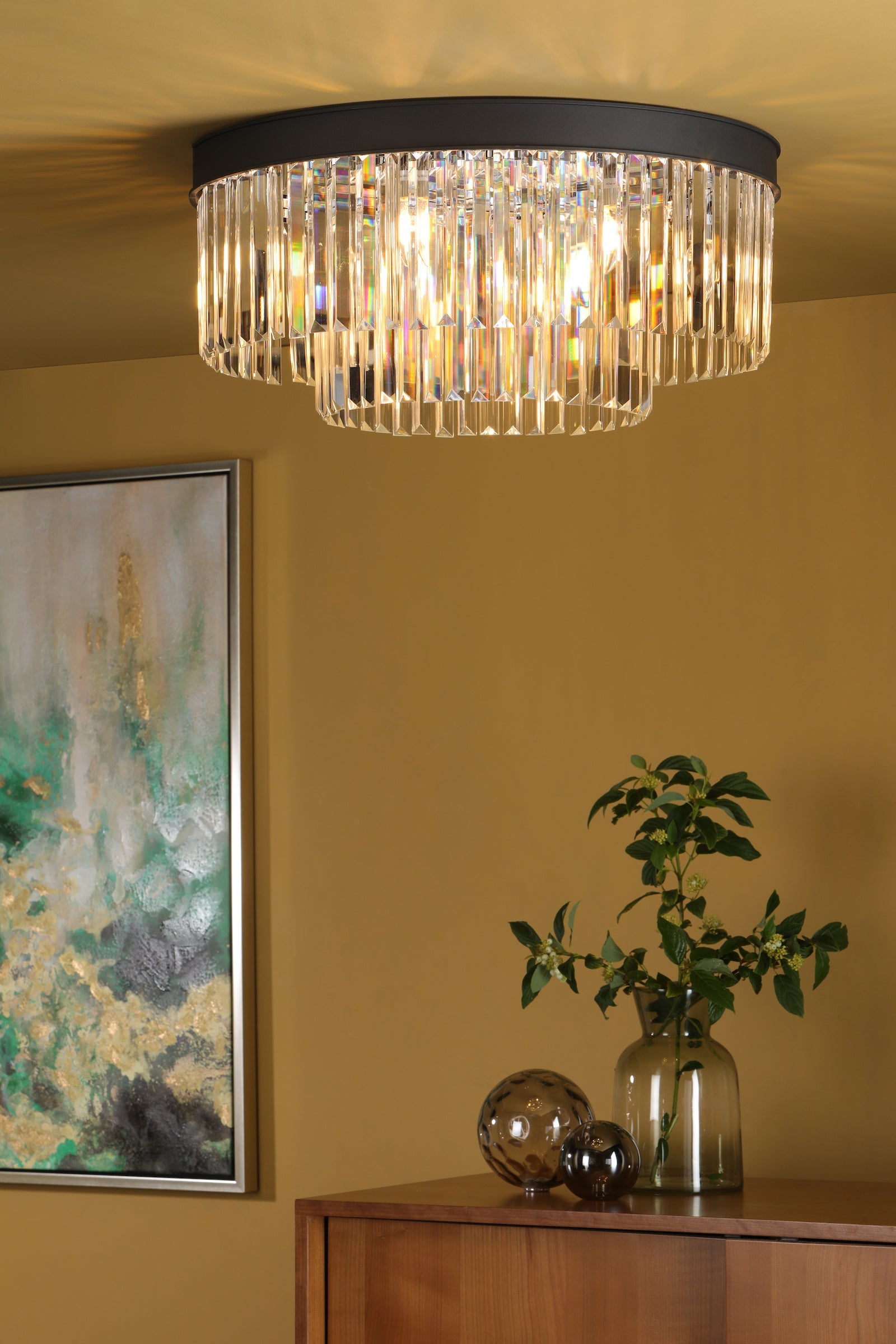 Freyza - Dar Celeus 6 Light Flush Chandelier Anthracite & Crystal