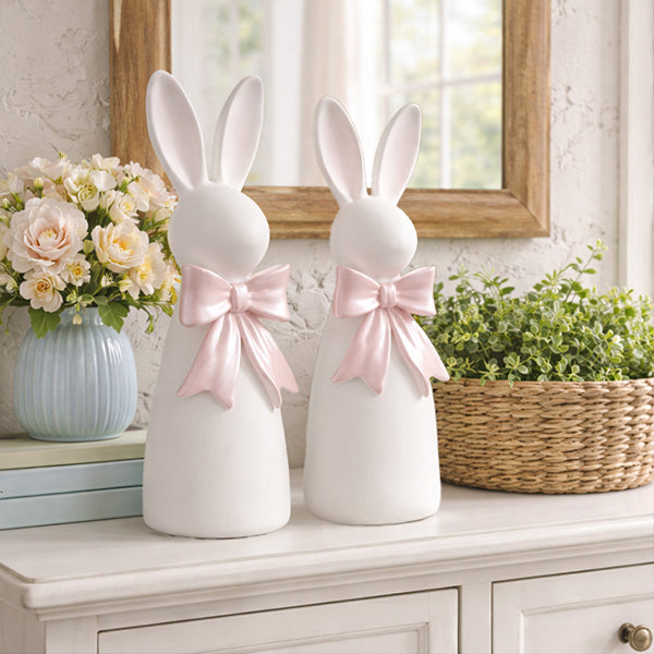 Freyza - Charmante Hasenfiguren | Harz-Osterhasenfiguren-Set mit perlmuttrosa Schleife | Elegante Frühlingsdekoration für Zuhause dimensions