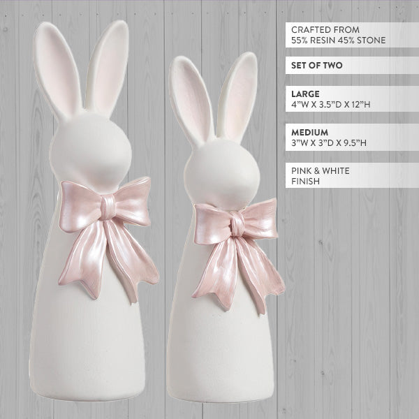 Freyza - Charming Bunny Figurines | Resin Easter Bunny Figurines Set with Pearlescent Pink Bow | Elegant Spring Decor for Home