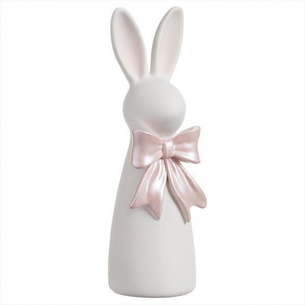 Freyza - Charming Bunny Figurines | Resin Easter Bunny Figurines Set with Pearlescent Pink Bow | Elegant Spring Decor for Home