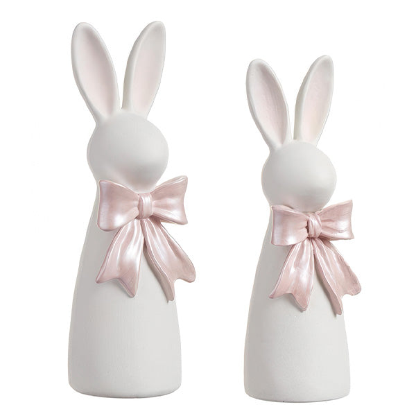 Freyza - Charming Bunny Figurines | Resin Easter Bunny Figurines Set with Pearlescent Pink Bow | Elegant Spring Decor for Home