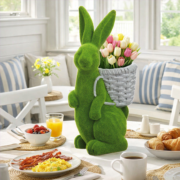 Freyza - Charming Flocked Bunny Planter | Weather-Resistant Design with Woven Basket for Seasonal Decor