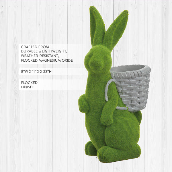 Freyza - Charming Flocked Bunny Planter | Weather-Resistant Design with Woven Basket for Seasonal Decor