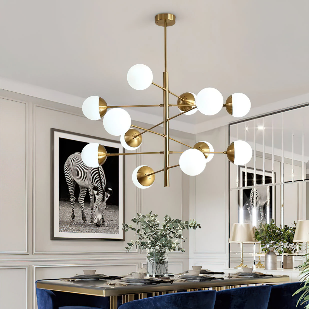 Freyza | Ultra Brass Glass Brass Glass Chandelier – Dining Room Living Room