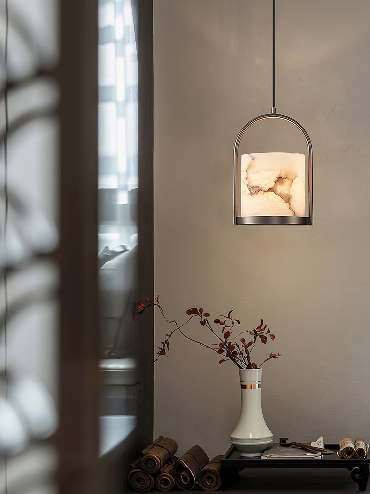 Freyza | Jewel Brass Alabaster Brass Pendant Light – Kitchen Dining Room