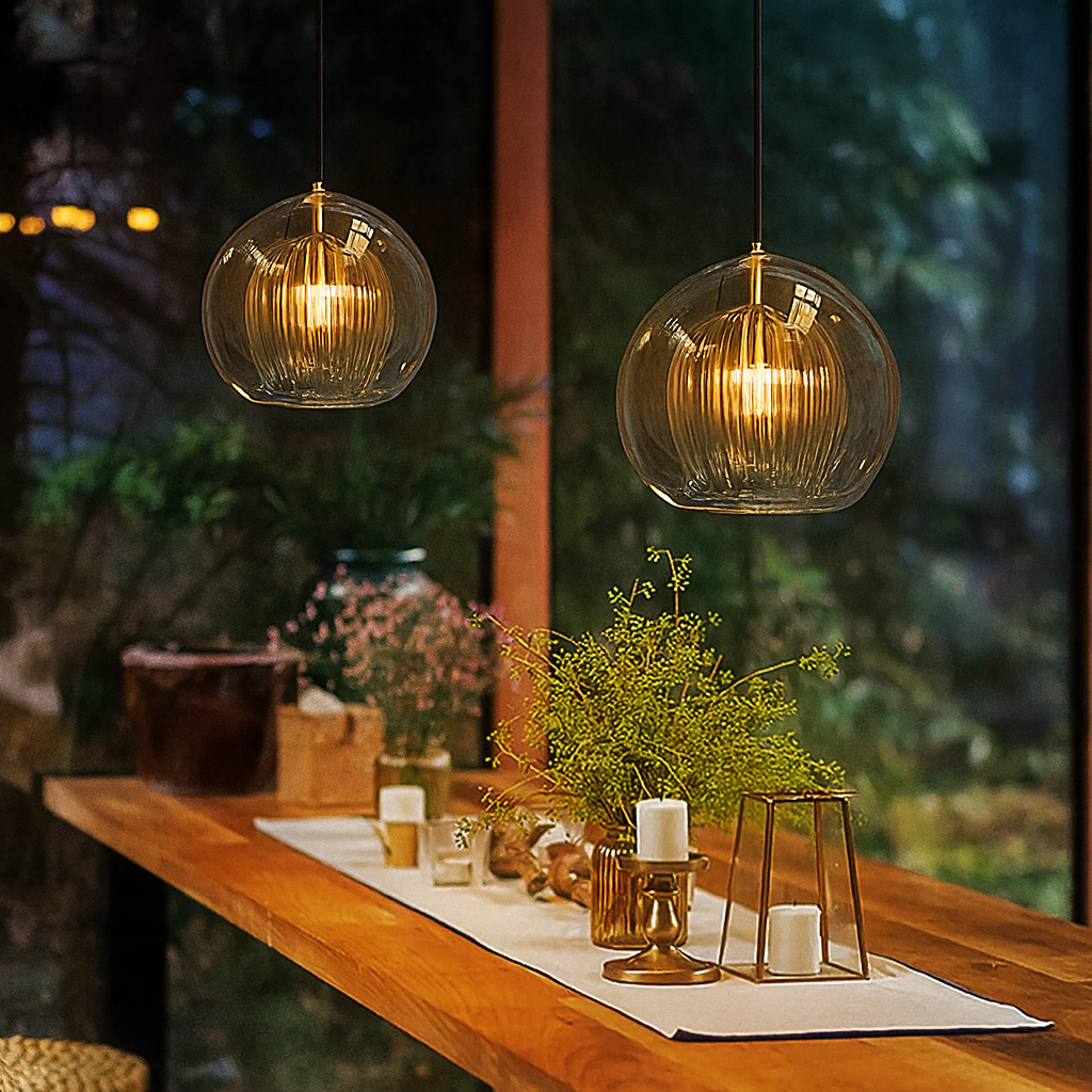 Modern Double Glass Globe Pendant | Fluted Inner Shade