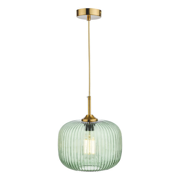 VerdantGlow | Elegant Ribbed Green Glass Pendant Light with Bronze Accent 1