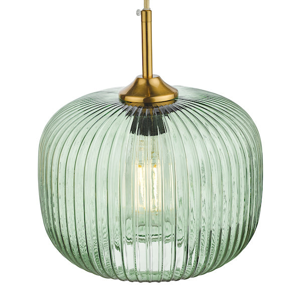 VerdantGlow | Elegant Ribbed Green Glass Pendant Light with Bronze Accent 6