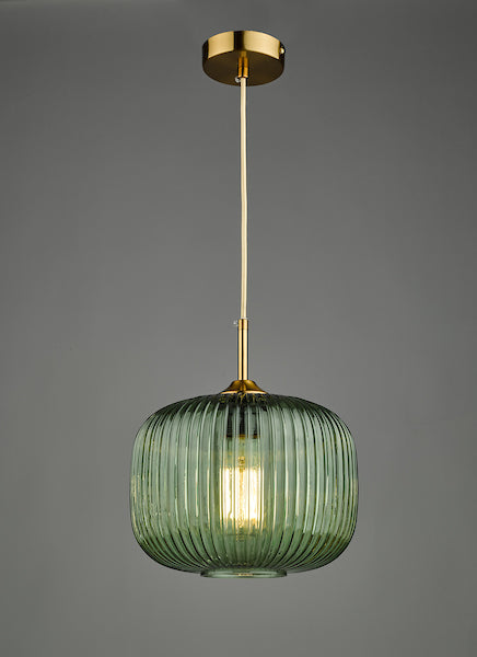 VerdantGlow | Elegant Ribbed Green Glass Pendant Light with Bronze Accent 7