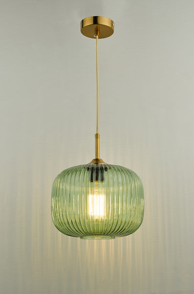 VerdantGlow | Elegant Ribbed Green Glass Pendant Light with Bronze Accent 8