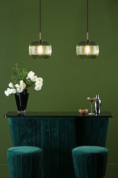VerdantGlow | Elegant Ribbed Green Glass Pendant Light with Bronze Accent 2