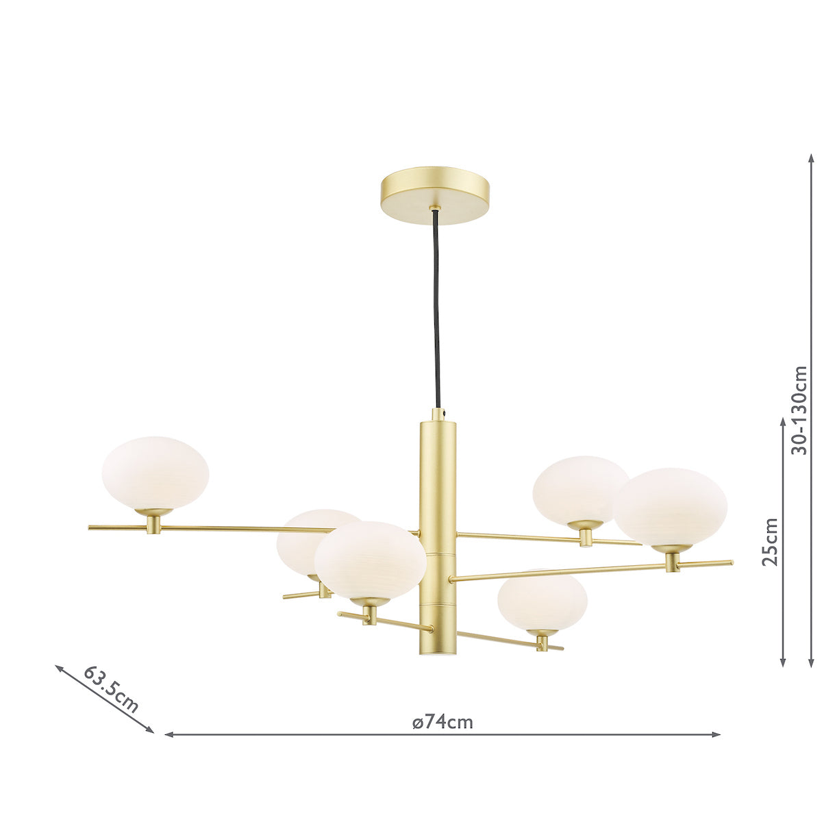 Freyza – Suspension Dar Jasper à 6 lumières, or satiné et verre opale