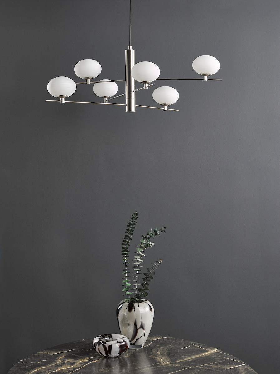 Freyza – Dar Jasper 6-flammige Pendelleuchte, Satin-Nickel und Opalglas