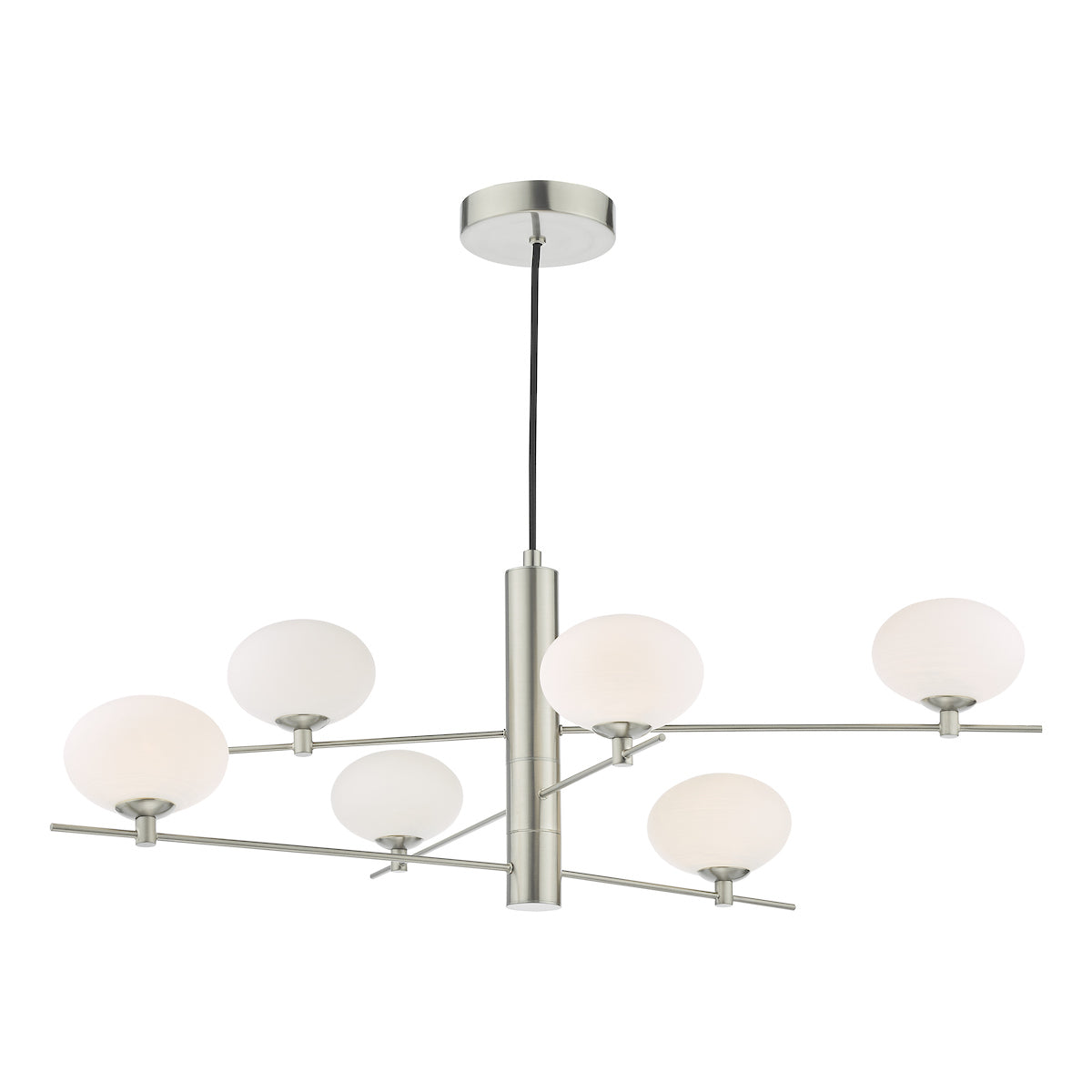 Freyza – Dar Jasper 6-flammige Pendelleuchte, Satin-Nickel und Opalglas