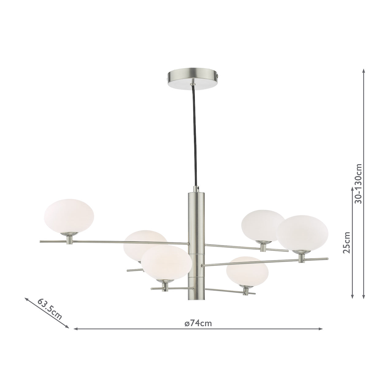 Freyza – Dar Jasper 6-flammige Pendelleuchte, Satin-Nickel und Opalglas