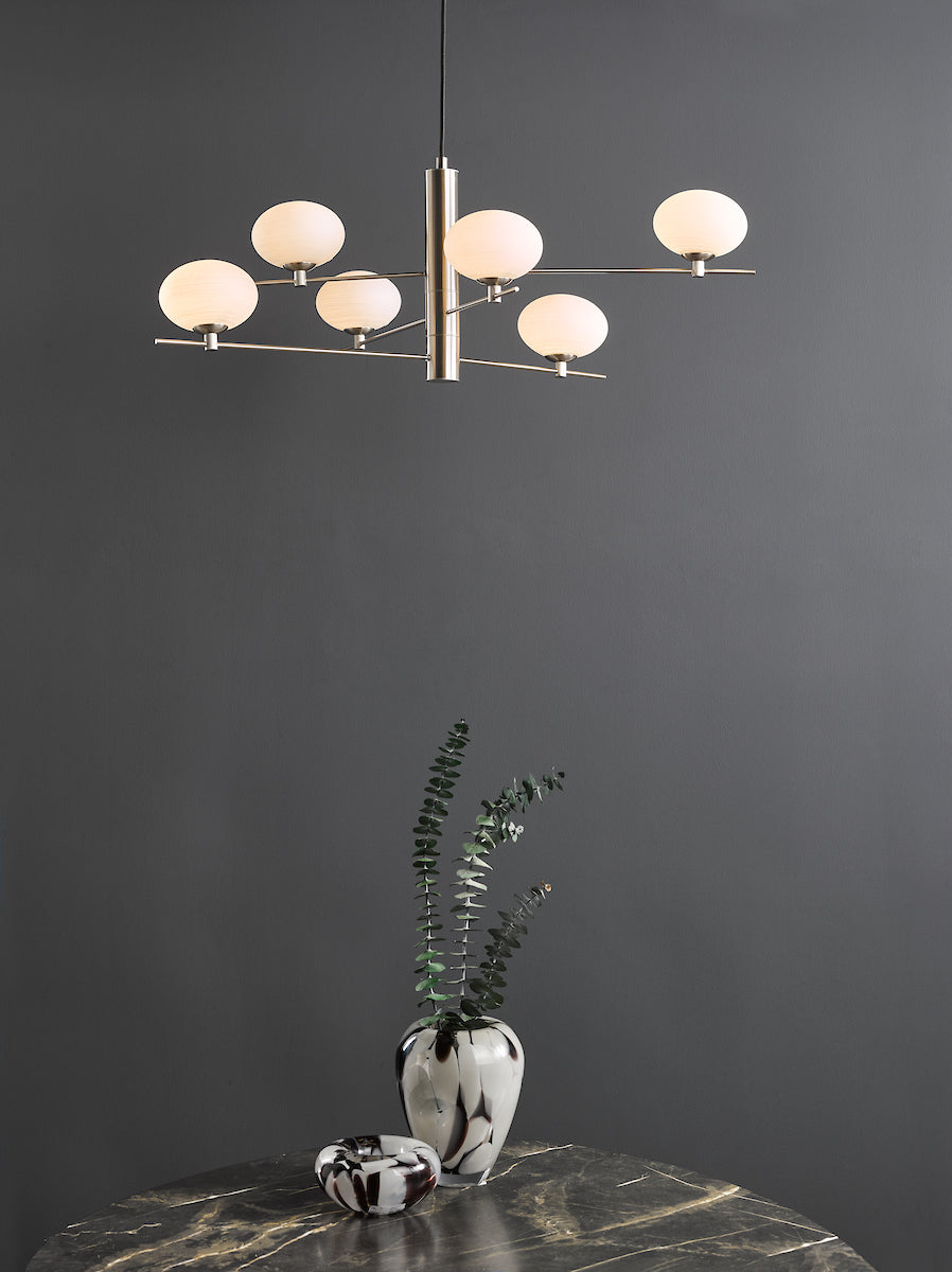 Freyza – Dar Jasper 6-flammige Pendelleuchte, Satin-Nickel und Opalglas