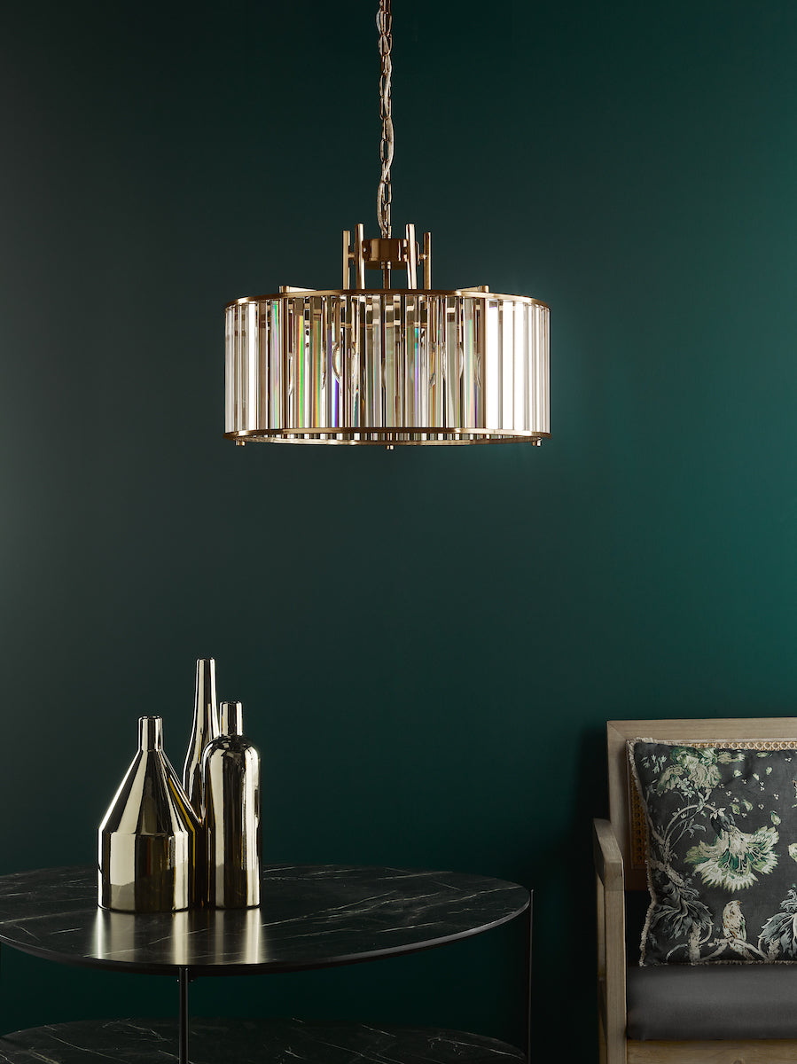 Freyza – Dar Kiran 5-flammige Pendelleuchte aus Naturmessing und Glas