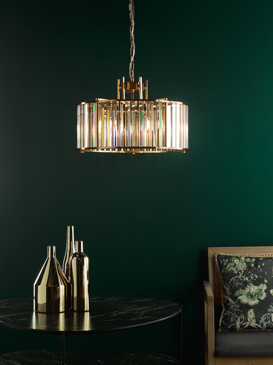 Freyza – Dar Kiran 5-flammige Pendelleuchte aus Naturmessing und Glas
